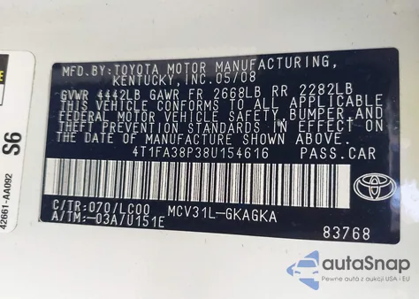 2008 Toyota Camry Solara Sle из США, поврежденный, VIN 4T1FA38P38U154616